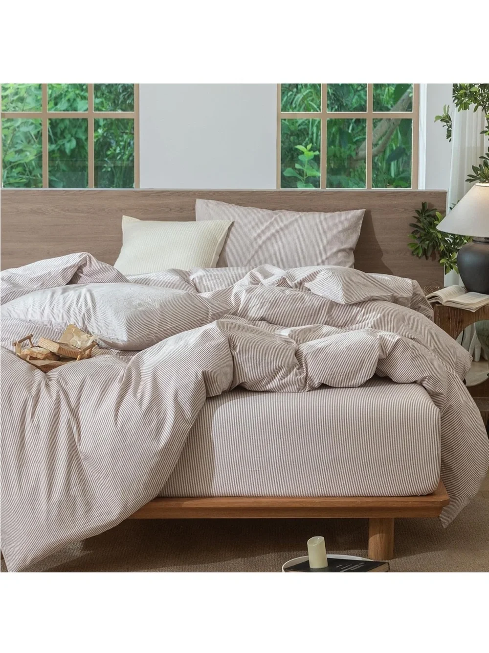 NEW MooMee Striped Duvet Cover Set 100% Washed Cotton Linen Like Oversized Queen